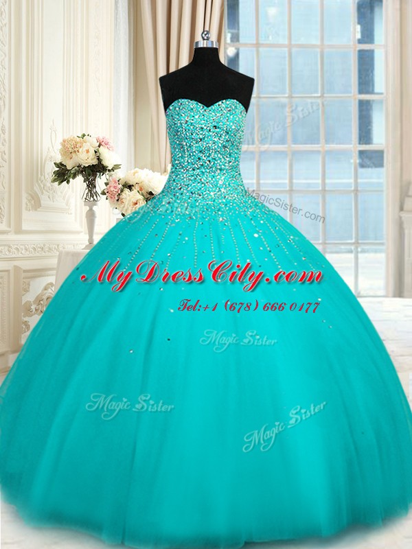 Stunning Sweetheart Sleeveless Lace Up Sweet 16 Quinceanera Dress Turquoise Tulle