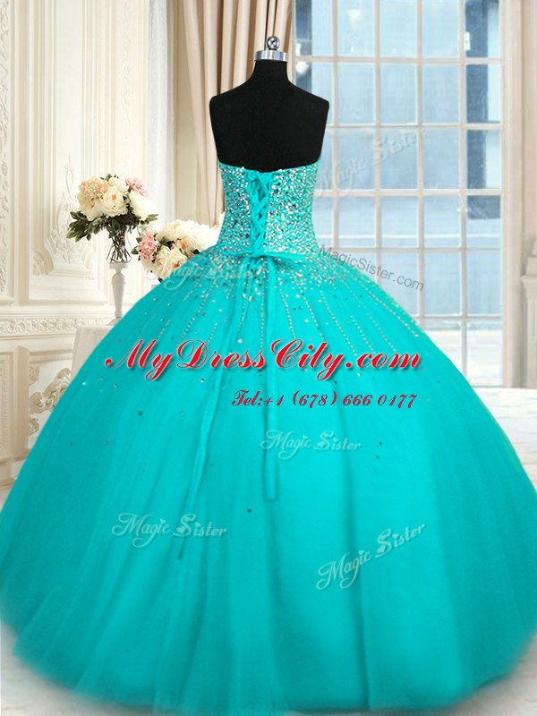 Stunning Sweetheart Sleeveless Lace Up Sweet 16 Quinceanera Dress Turquoise Tulle