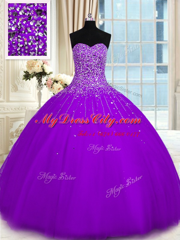 Elegant Sweetheart Sleeveless Sweet 16 Dresses Floor Length Beading Purple Tulle