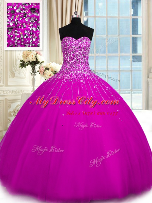 High End Fuchsia Sleeveless Tulle Lace Up Quinceanera Dresses for Military Ball and Sweet 16 and Quinceanera