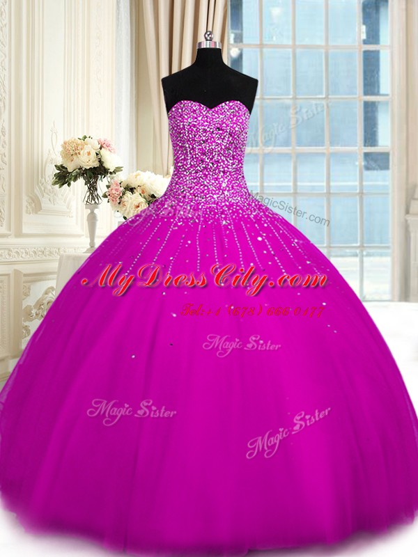 High End Fuchsia Sleeveless Tulle Lace Up Quinceanera Dresses for Military Ball and Sweet 16 and Quinceanera