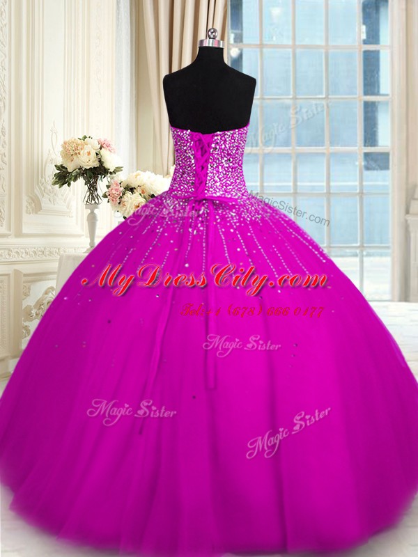 High End Fuchsia Sleeveless Tulle Lace Up Quinceanera Dresses for Military Ball and Sweet 16 and Quinceanera