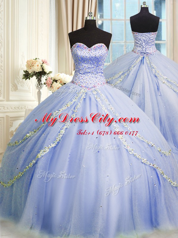 Lavender Sleeveless Tulle Brush Train Zipper Quinceanera Gowns for Military Ball and Sweet 16 and Quinceanera