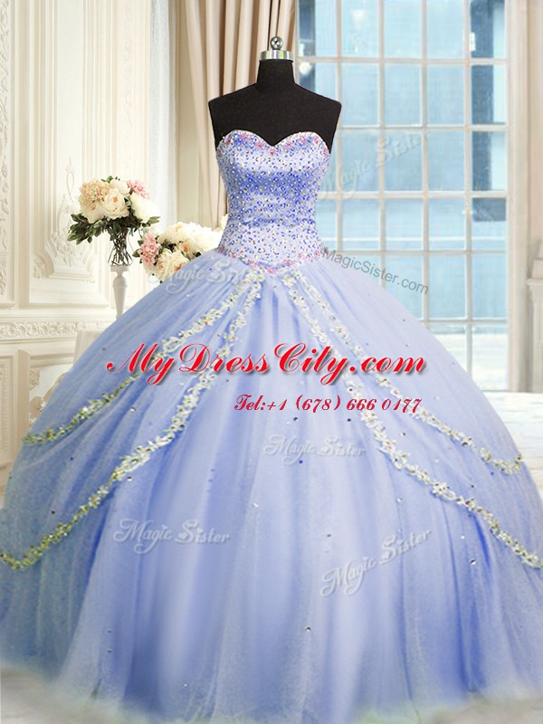 Lavender Sleeveless Tulle Brush Train Zipper Quinceanera Gowns for Military Ball and Sweet 16 and Quinceanera