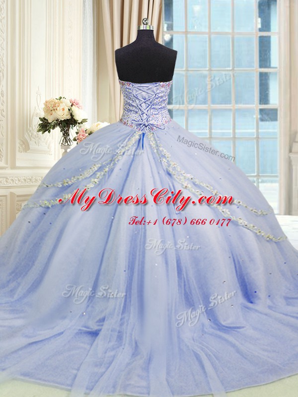 Lavender Sleeveless Tulle Brush Train Zipper Quinceanera Gowns for Military Ball and Sweet 16 and Quinceanera