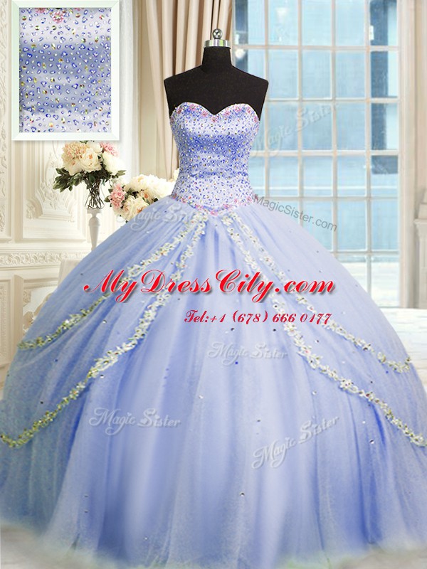 Lavender Sleeveless Tulle Brush Train Zipper Quinceanera Gowns for Military Ball and Sweet 16 and Quinceanera