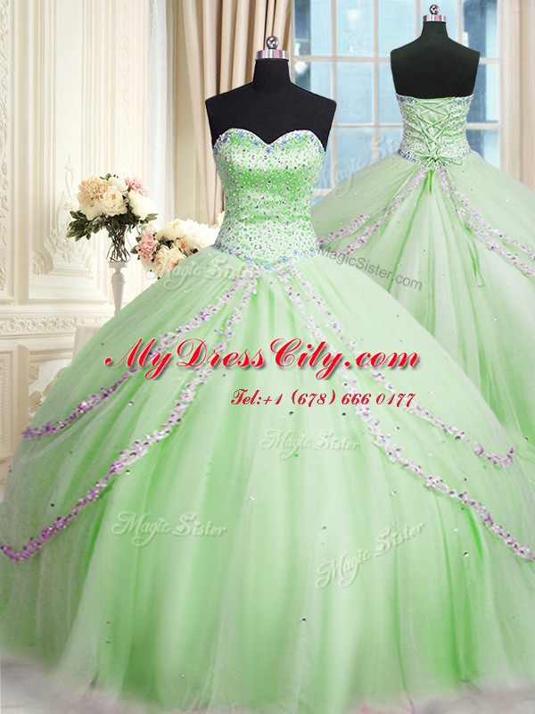 Customized Apple Green Sleeveless With Train Beading and Appliques Lace Up Sweet 16 Dress