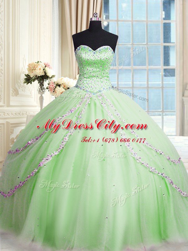 Customized Apple Green Sleeveless With Train Beading and Appliques Lace Up Sweet 16 Dress