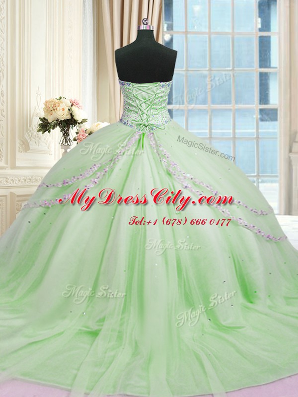 Customized Apple Green Sleeveless With Train Beading and Appliques Lace Up Sweet 16 Dress