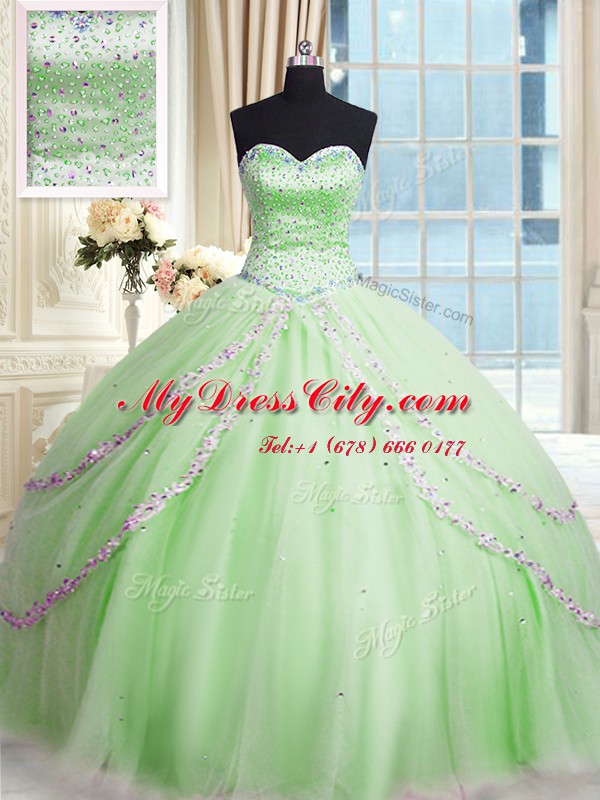 Customized Apple Green Sleeveless With Train Beading and Appliques Lace Up Sweet 16 Dress