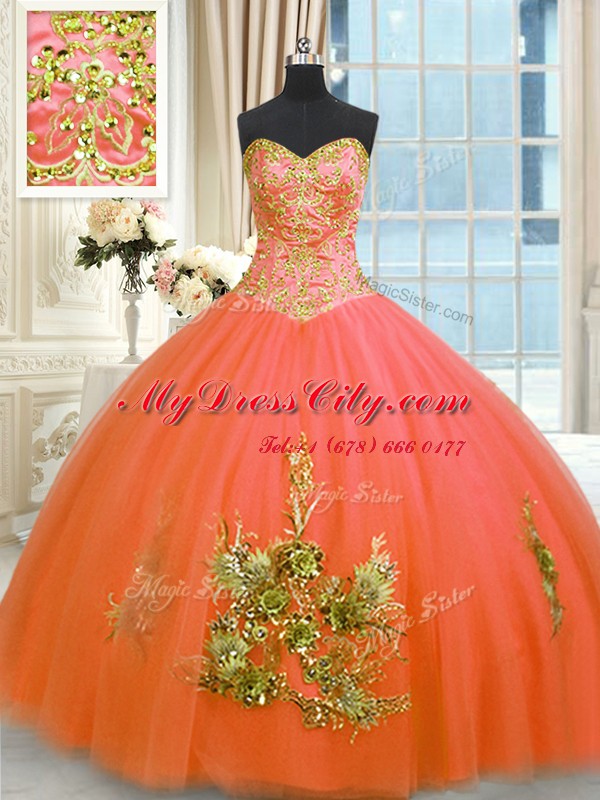 Sleeveless Floor Length Beading and Appliques and Embroidery Lace Up Sweet 16 Dresses with Orange Red