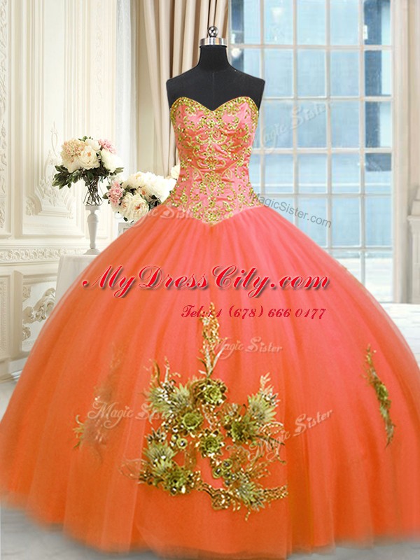 Sleeveless Floor Length Beading and Appliques and Embroidery Lace Up Sweet 16 Dresses with Orange Red