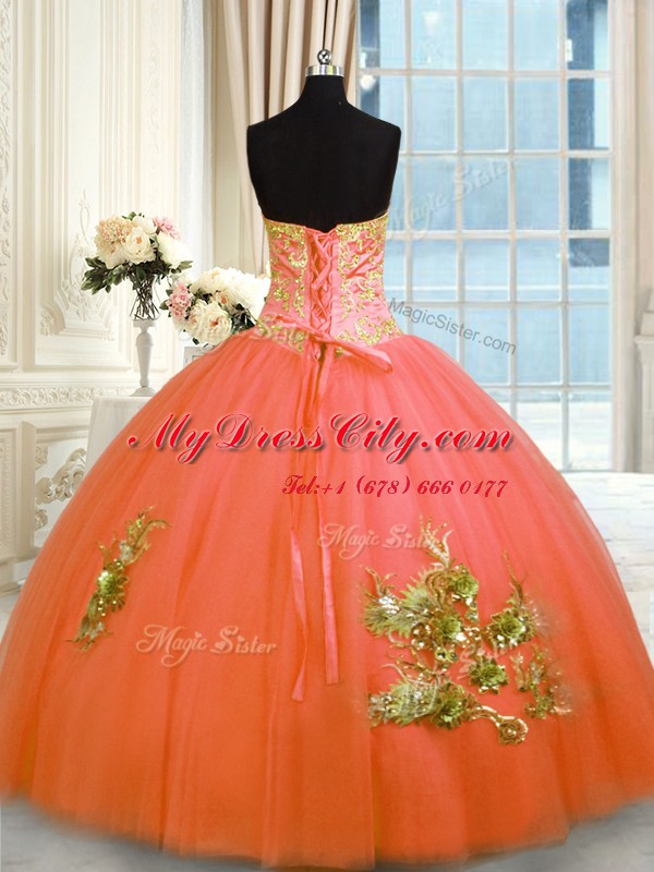 Sleeveless Floor Length Beading and Appliques and Embroidery Lace Up Sweet 16 Dresses with Orange Red