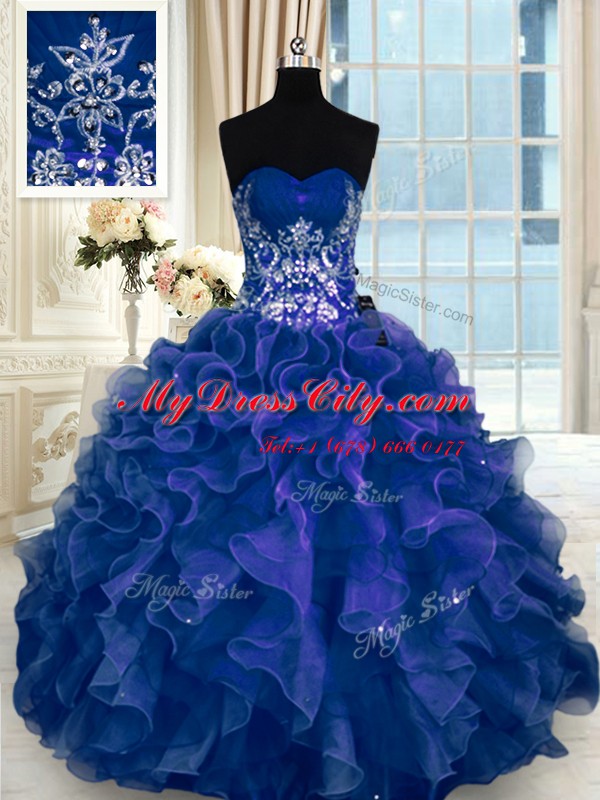 Organza Sweetheart Sleeveless Lace Up Beading and Appliques and Ruffles Sweet 16 Dress in Navy Blue