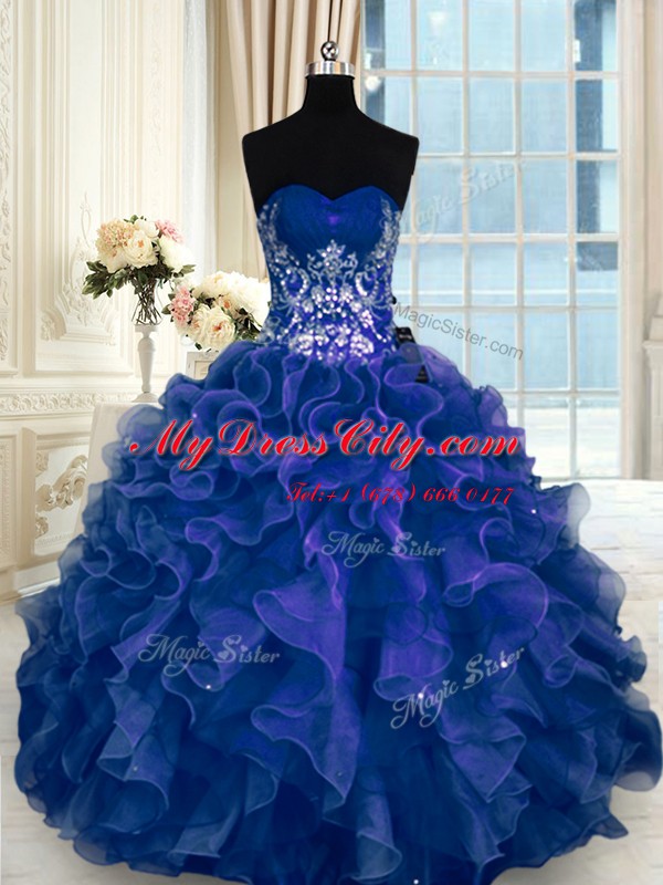 Organza Sweetheart Sleeveless Lace Up Beading and Appliques and Ruffles Sweet 16 Dress in Navy Blue