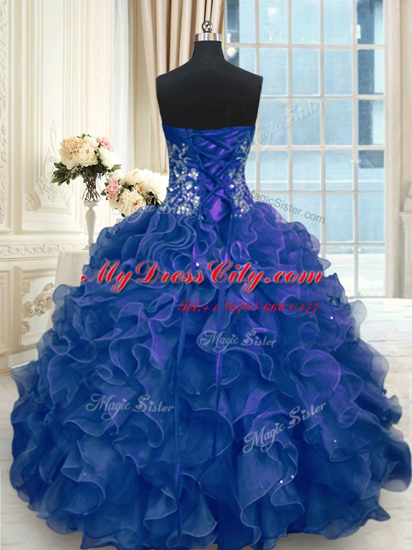 Organza Sweetheart Sleeveless Lace Up Beading and Appliques and Ruffles Sweet 16 Dress in Navy Blue