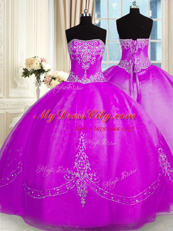 Sexy Beading and Embroidery Quince Ball Gowns Purple Lace Up Sleeveless Floor Length