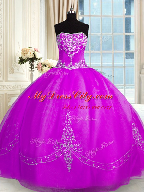 Sexy Beading and Embroidery Quince Ball Gowns Purple Lace Up Sleeveless Floor Length