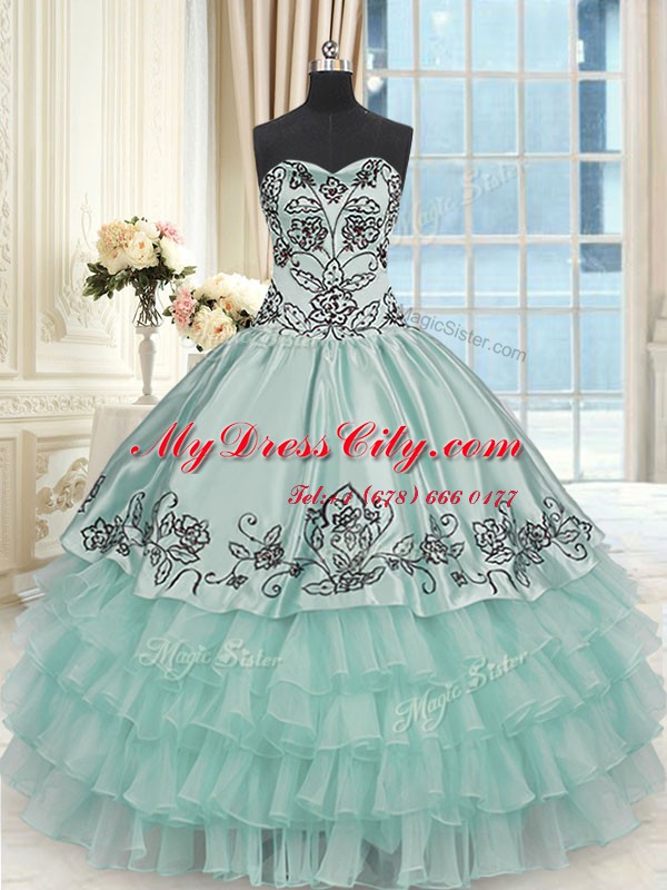 Apple Green Ball Gowns Organza and Taffeta Sweetheart Sleeveless Beading and Embroidery and Ruffled Layers Floor Length Lace Up Quinceanera Gown