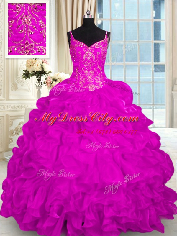 Fuchsia Lace Up 15th Birthday Dress Beading and Embroidery and Ruffles Sleeveless Brush Train