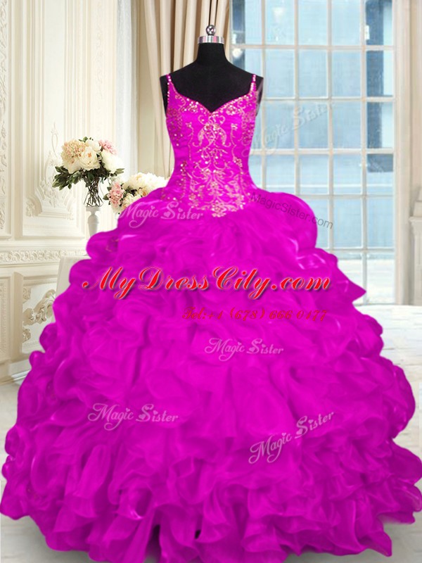 Fuchsia Lace Up 15th Birthday Dress Beading and Embroidery and Ruffles Sleeveless Brush Train