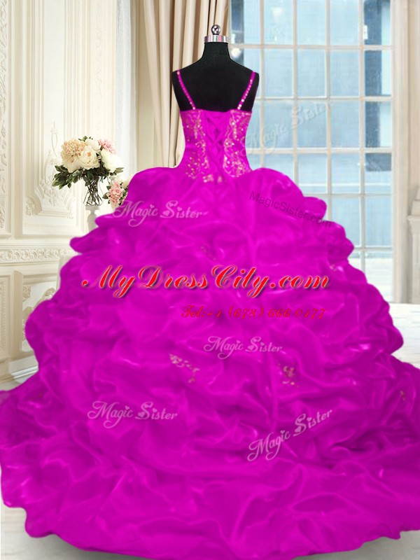 Fuchsia Lace Up 15th Birthday Dress Beading and Embroidery and Ruffles Sleeveless Brush Train