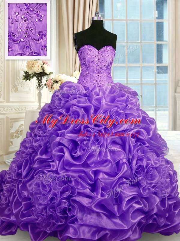 Best Selling Lavender Quince Ball Gowns Military Ball and Sweet 16 and Quinceanera and For with Beading and Pick Ups Sweetheart Sleeveless Sweep Train Lace Up