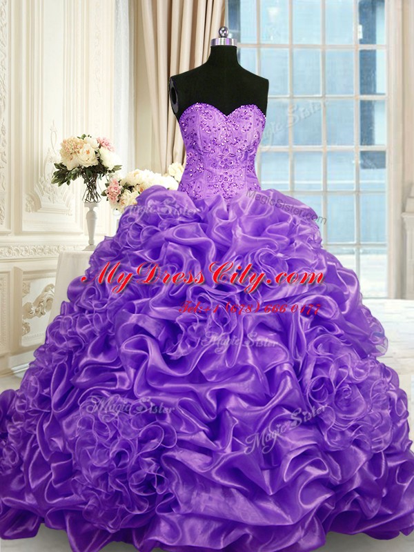 Best Selling Lavender Quince Ball Gowns Military Ball and Sweet 16 and Quinceanera and For with Beading and Pick Ups Sweetheart Sleeveless Sweep Train Lace Up