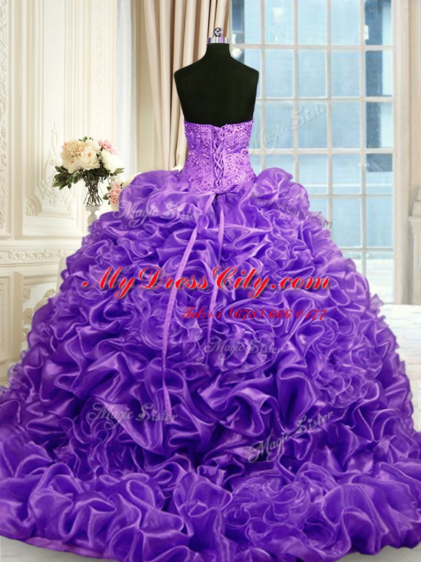 Best Selling Lavender Quince Ball Gowns Military Ball and Sweet 16 and Quinceanera and For with Beading and Pick Ups Sweetheart Sleeveless Sweep Train Lace Up