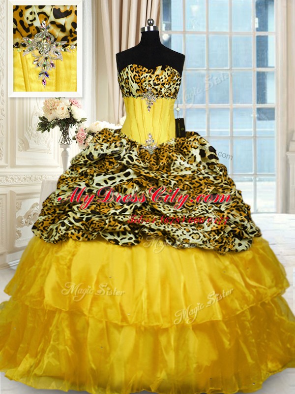 Colorful Ruffled Sweetheart Sleeveless Sweep Train Lace Up Sweet 16 Quinceanera Dress Gold Organza and Printed