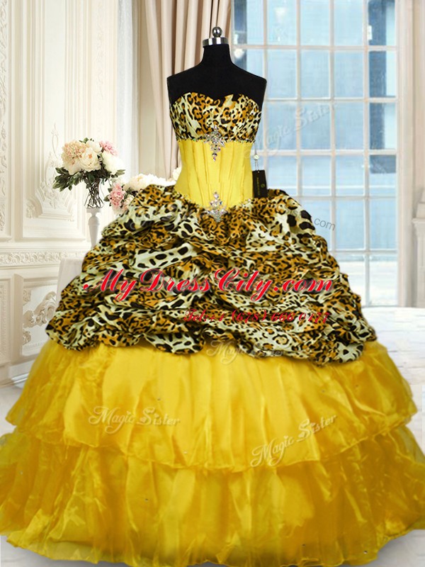 Colorful Ruffled Sweetheart Sleeveless Sweep Train Lace Up Sweet 16 Quinceanera Dress Gold Organza and Printed