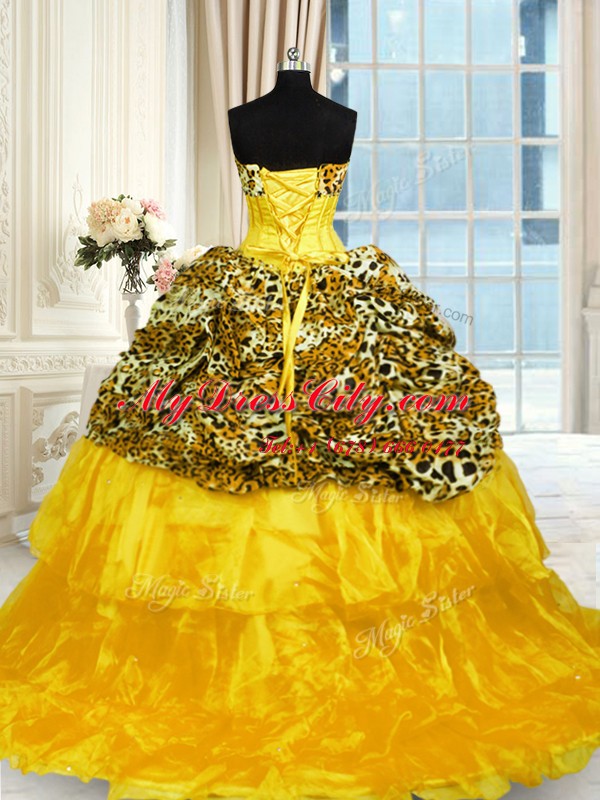 Colorful Ruffled Sweetheart Sleeveless Sweep Train Lace Up Sweet 16 Quinceanera Dress Gold Organza and Printed