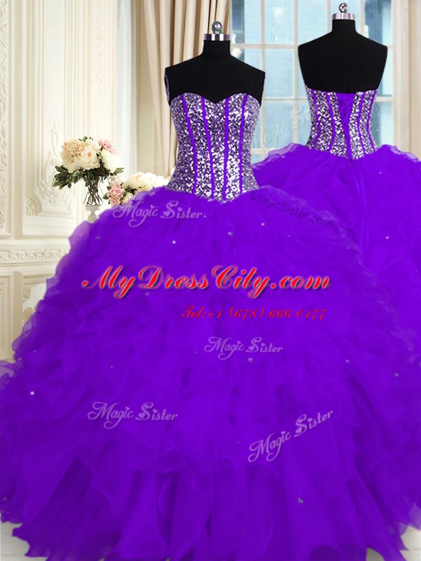 Customized Eggplant Purple Lace Up Sweetheart Beading and Ruffles Sweet 16 Quinceanera Dress Organza Sleeveless