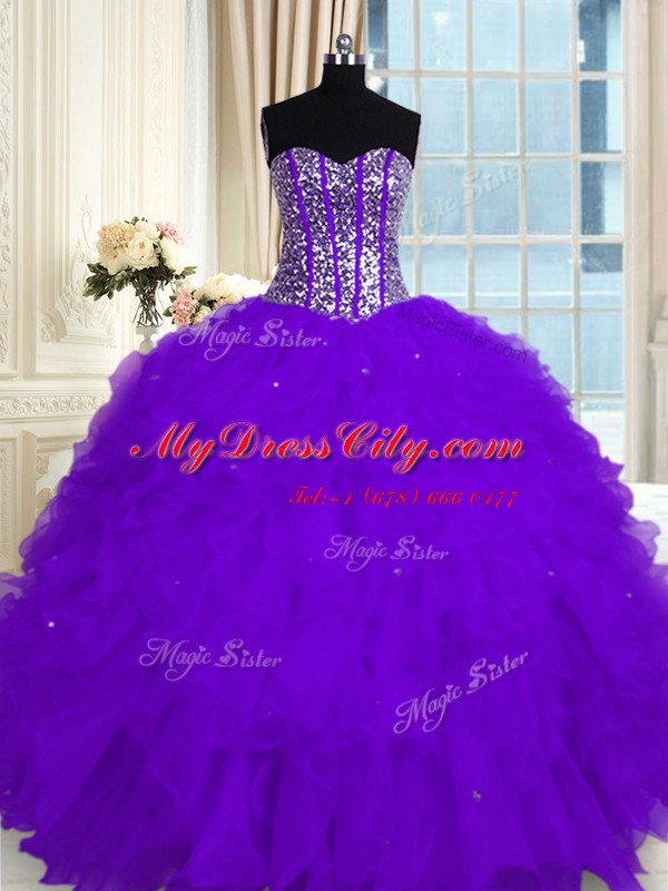 Customized Eggplant Purple Lace Up Sweetheart Beading and Ruffles Sweet 16 Quinceanera Dress Organza Sleeveless