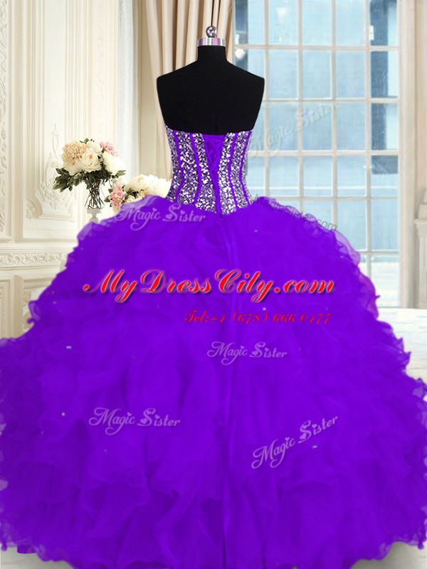 Customized Eggplant Purple Lace Up Sweetheart Beading and Ruffles Sweet 16 Quinceanera Dress Organza Sleeveless