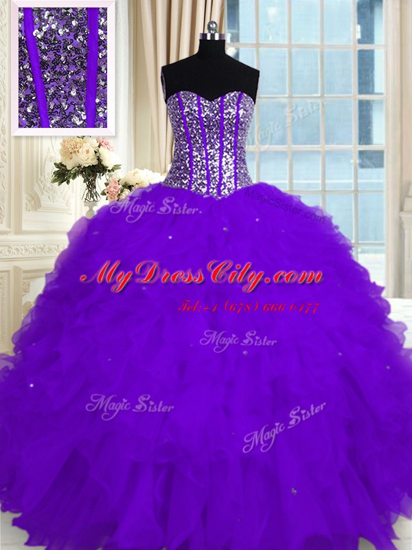 Customized Eggplant Purple Lace Up Sweetheart Beading and Ruffles Sweet 16 Quinceanera Dress Organza Sleeveless