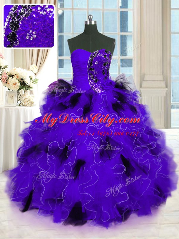 Flare Tulle Strapless Sleeveless Lace Up Beading and Ruffles 15 Quinceanera Dress in Black And Purple