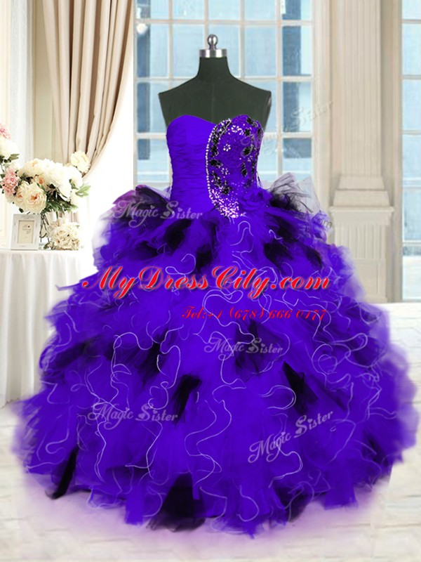 Flare Tulle Strapless Sleeveless Lace Up Beading and Ruffles 15 Quinceanera Dress in Black And Purple