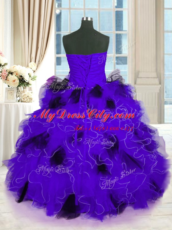 Flare Tulle Strapless Sleeveless Lace Up Beading and Ruffles 15 Quinceanera Dress in Black And Purple