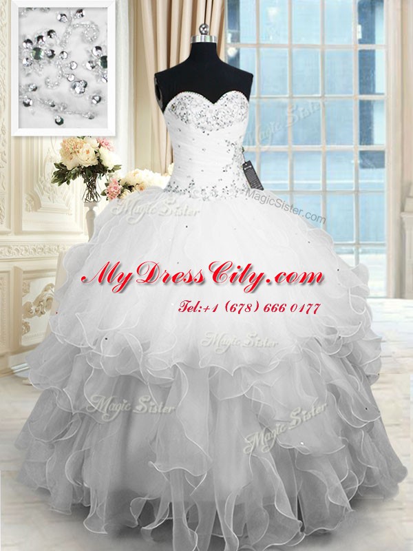 Exceptional White Ball Gowns Beading and Ruffles Quince Ball Gowns Lace Up Organza Sleeveless Floor Length