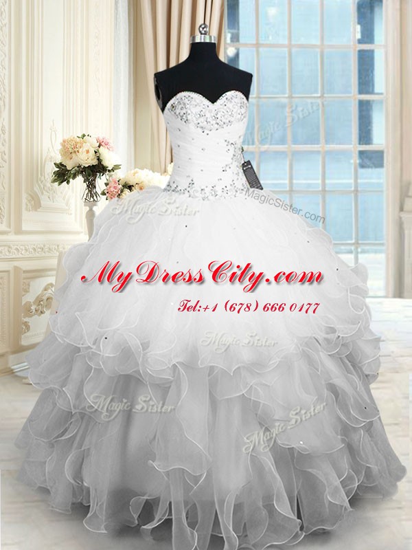 Exceptional White Ball Gowns Beading and Ruffles Quince Ball Gowns Lace Up Organza Sleeveless Floor Length