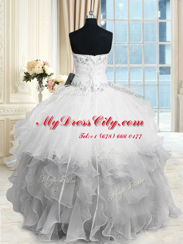 Exceptional White Ball Gowns Beading and Ruffles Quince Ball Gowns Lace Up Organza Sleeveless Floor Length