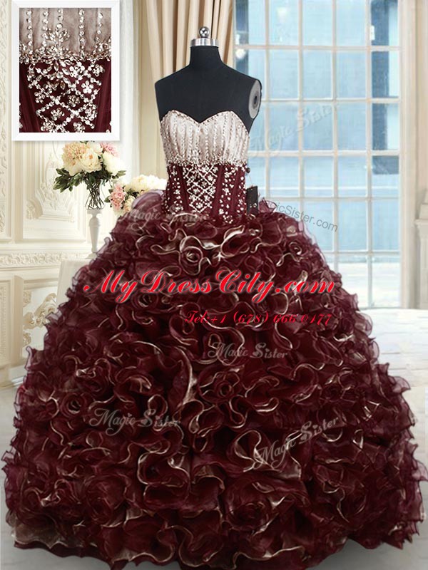 Brown Ball Gowns Organza Sweetheart Sleeveless Beading and Ruffles With Train Lace Up Quinceanera Dresses Brush Train