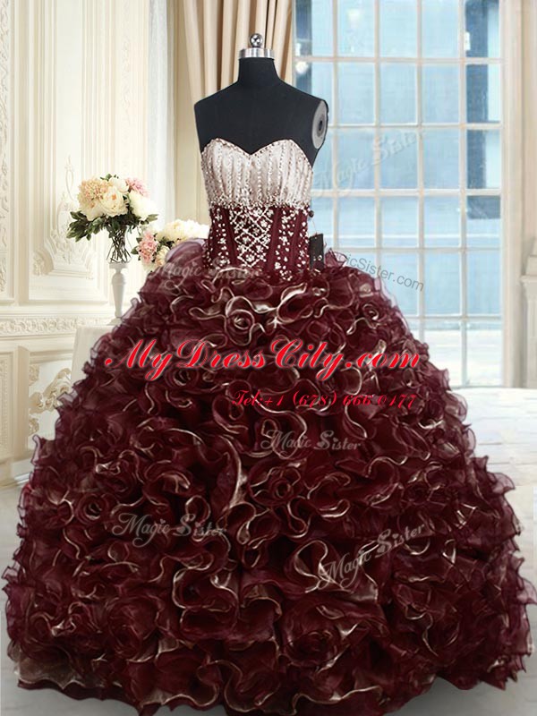 Brown Ball Gowns Organza Sweetheart Sleeveless Beading and Ruffles With Train Lace Up Quinceanera Dresses Brush Train