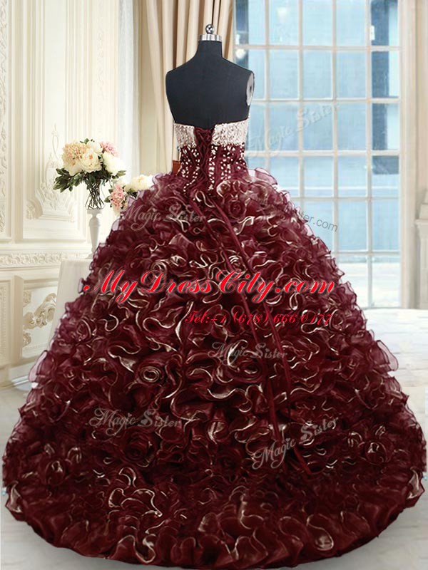 Brown Ball Gowns Organza Sweetheart Sleeveless Beading and Ruffles With Train Lace Up Quinceanera Dresses Brush Train