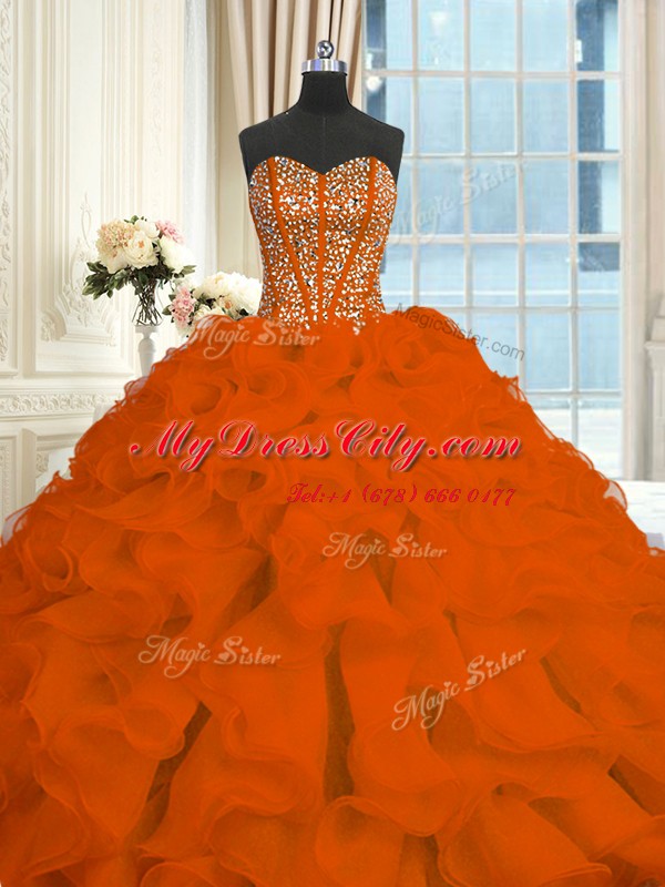 Shining Red Organza Lace Up Sweetheart Sleeveless With Train Sweet 16 Dresses Brush Train Beading and Ruffles