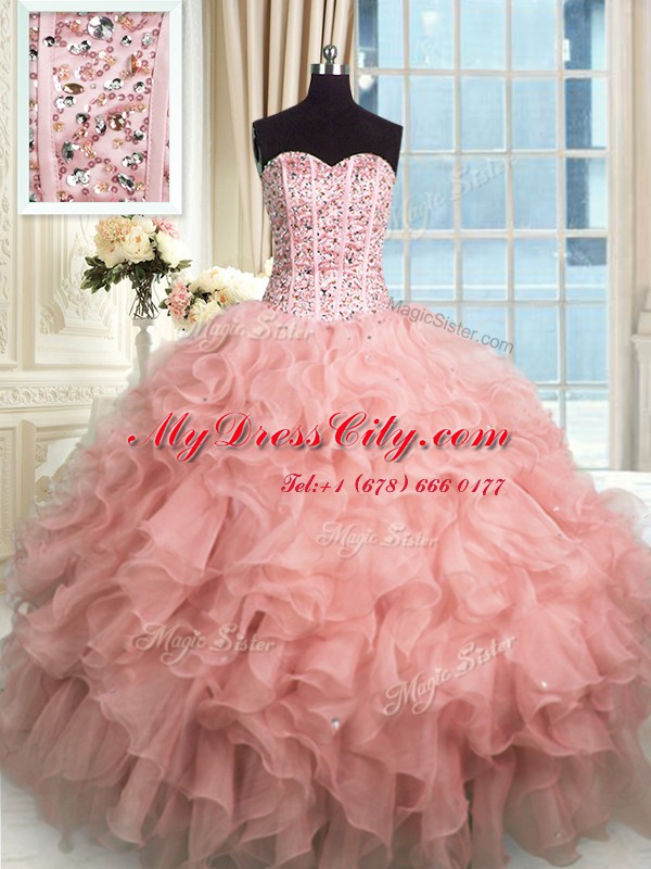 Rose Pink Sleeveless Organza Lace Up Sweet 16 Quinceanera Dress for Military Ball and Sweet 16 and Quinceanera