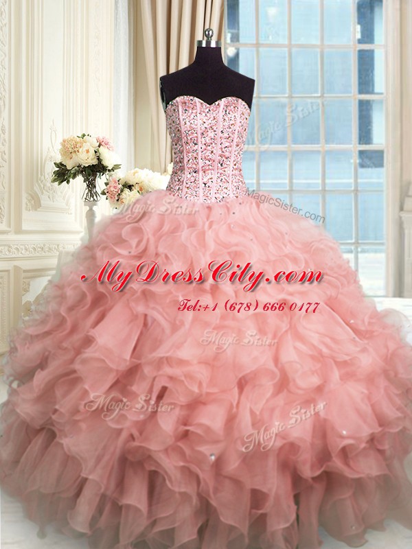 Rose Pink Sleeveless Organza Lace Up Sweet 16 Quinceanera Dress for Military Ball and Sweet 16 and Quinceanera