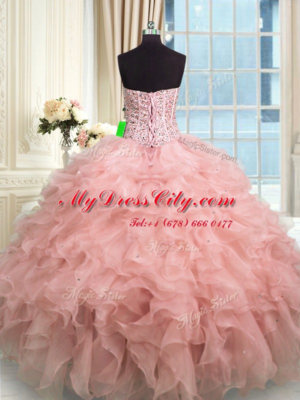 Rose Pink Sleeveless Organza Lace Up Sweet 16 Quinceanera Dress for Military Ball and Sweet 16 and Quinceanera