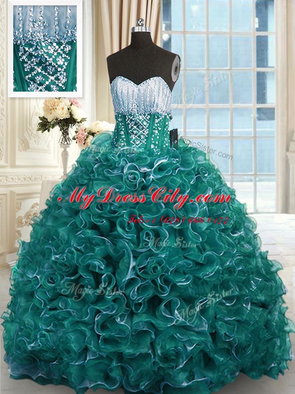 Organza Sweetheart Sleeveless Brush Train Lace Up Beading and Ruffles Quinceanera Gown in Turquoise